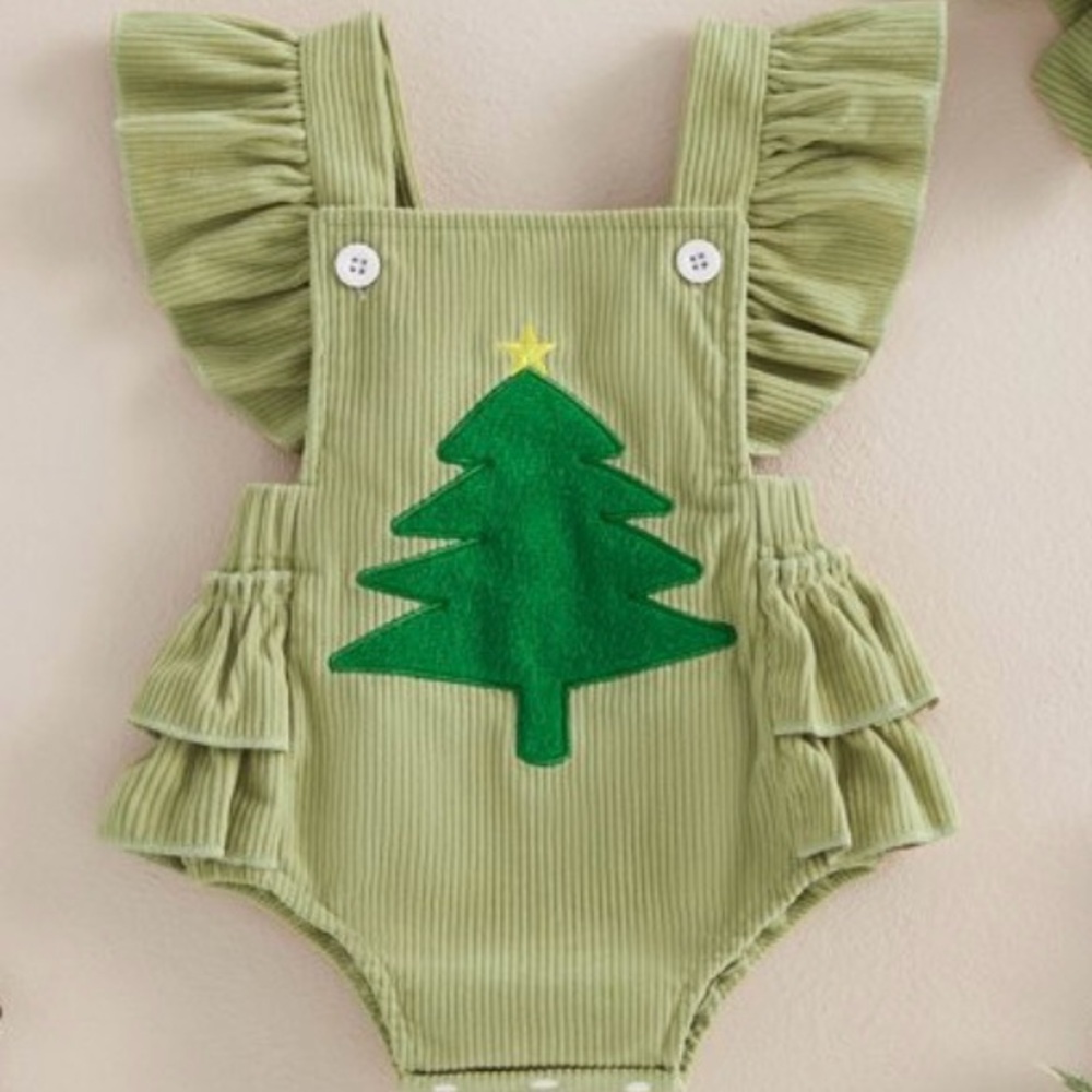 Sage Green Corduroy Christmas Tree Ruffle Romper Baby Girl Holiday Bodysuit 3-6M